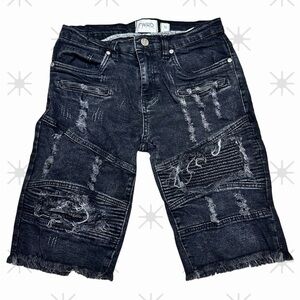 FWRD Distressed Black Denim Jorts Size 18 Moto Patch Y2K Grunge Streetwear Style